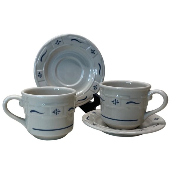 2 Longaberger Classic Blue Woven Traditions Pottery Coffee Cup & Saucer Sets - Picture 2 of 8